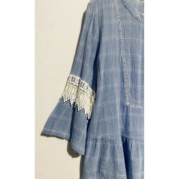 LOFT Top Womens XL Windowpane Embroidered Crochet Bell Sleeve Henley Blue Boho - Picture 2 of 8